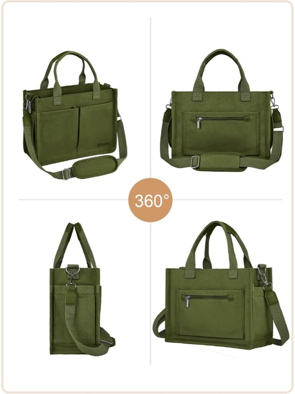 Canvas Tote Bag for Women with Zipper, Work Laptop Purse with Compartments & Lug - Picture 6 of 8
